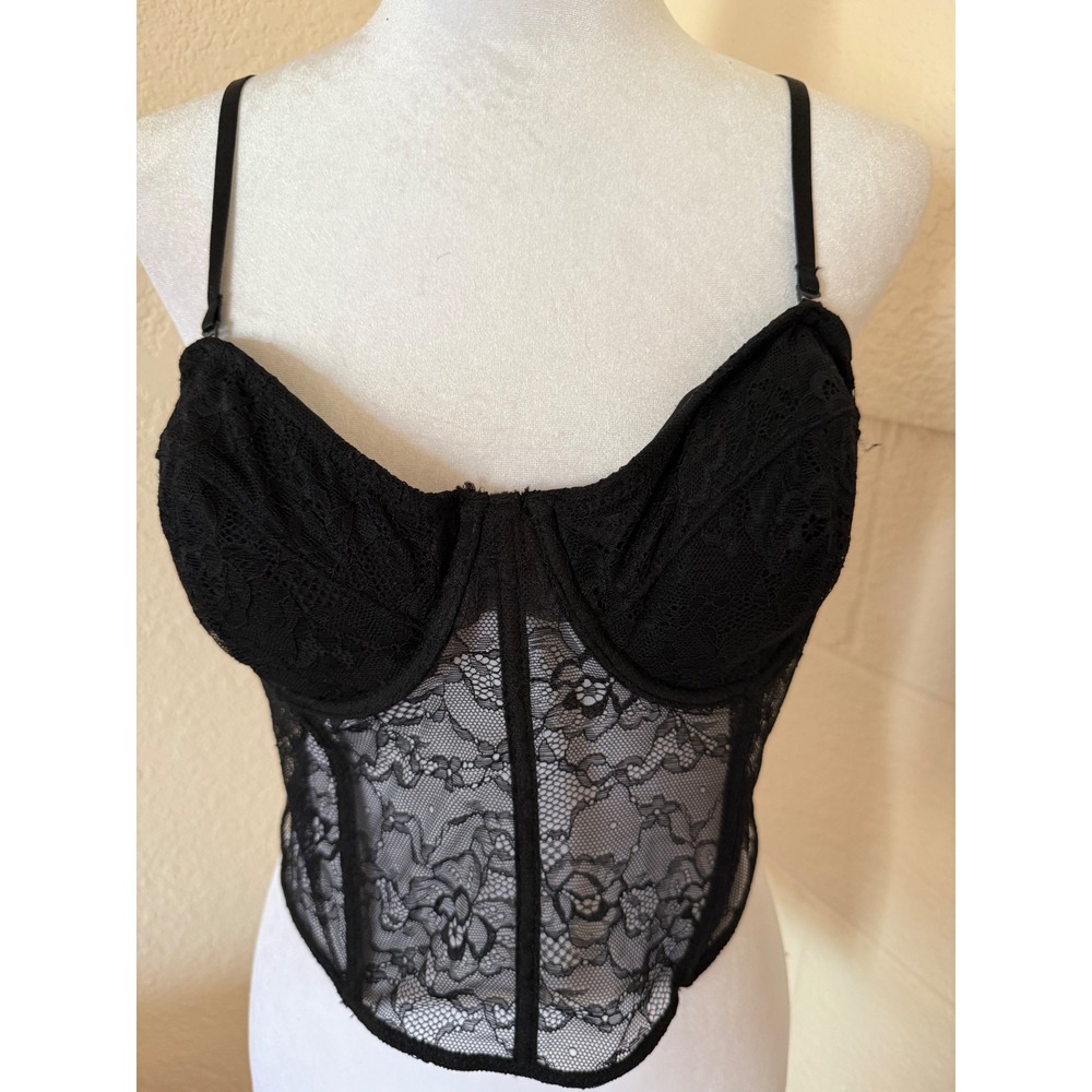 DYNAMITE Black Lace Corset Bustier Top XL Zipper Back Romantic Whimsigoth - Picture 2 of 9